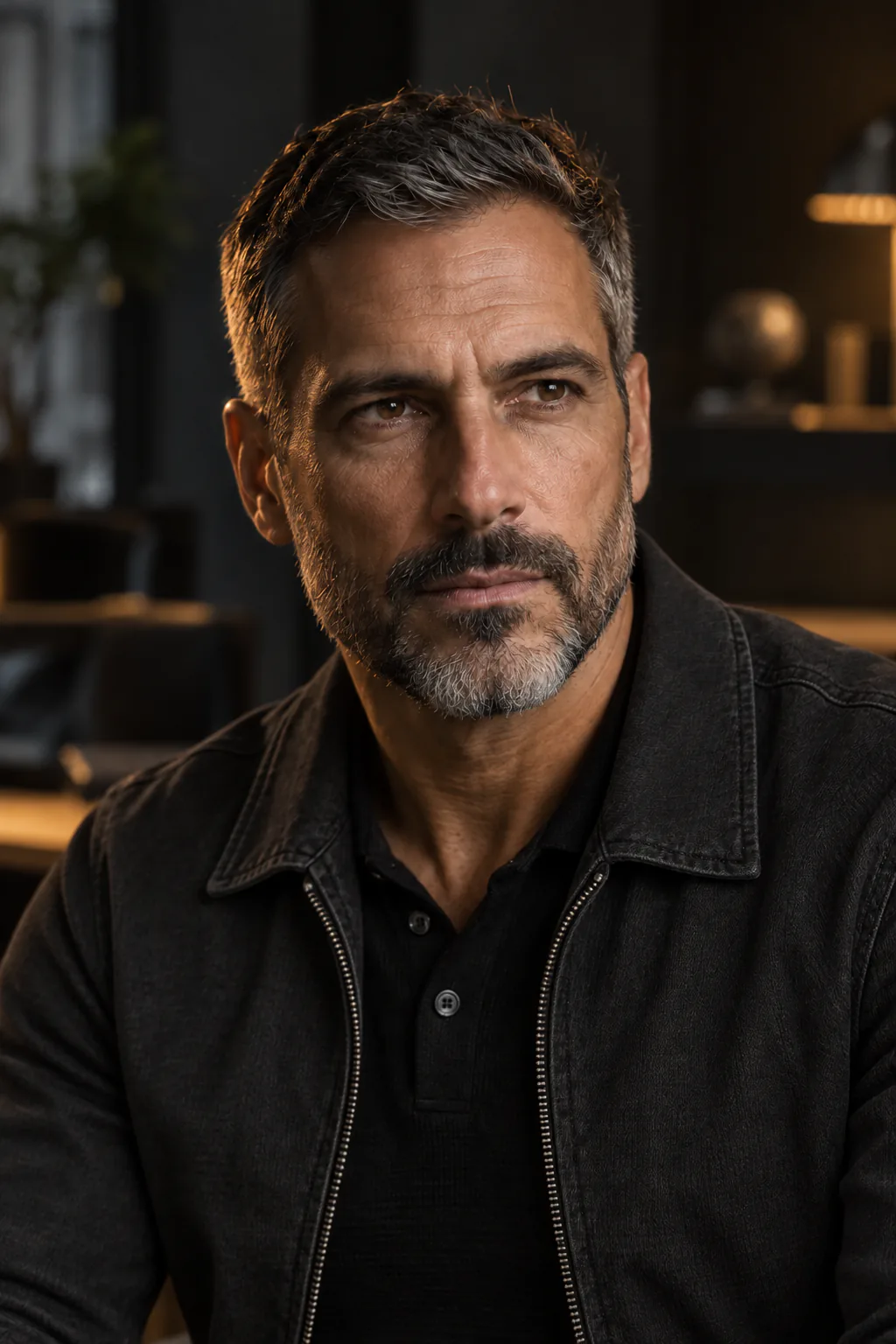 Man in a dark jacket with an attentive, serious expression