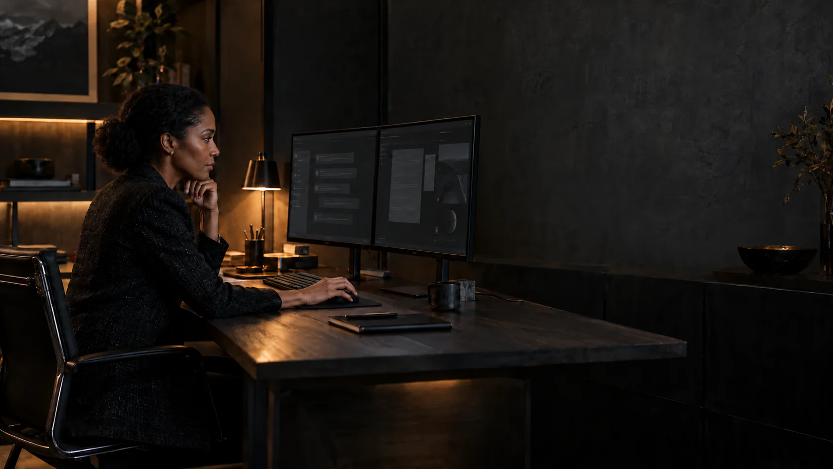 A professional reviewing conversation materials at a desk